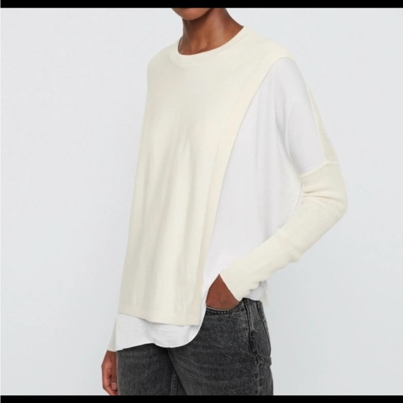 AllSaints Koko Wrap Crewneck Sweater Ivory Faux Wrap Mixed Material Merino M - Picture 1 of 3